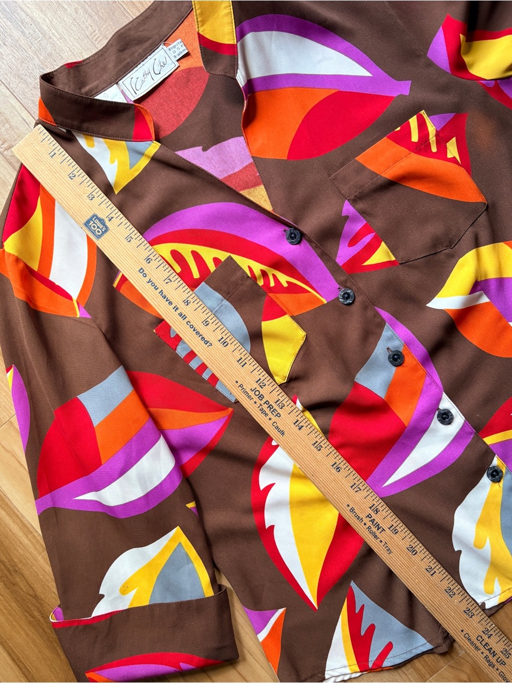 Vintage 90s Brown Abstract Floral Button-Down Shirt by Kathy Che size 14 - Picture 5 of 5